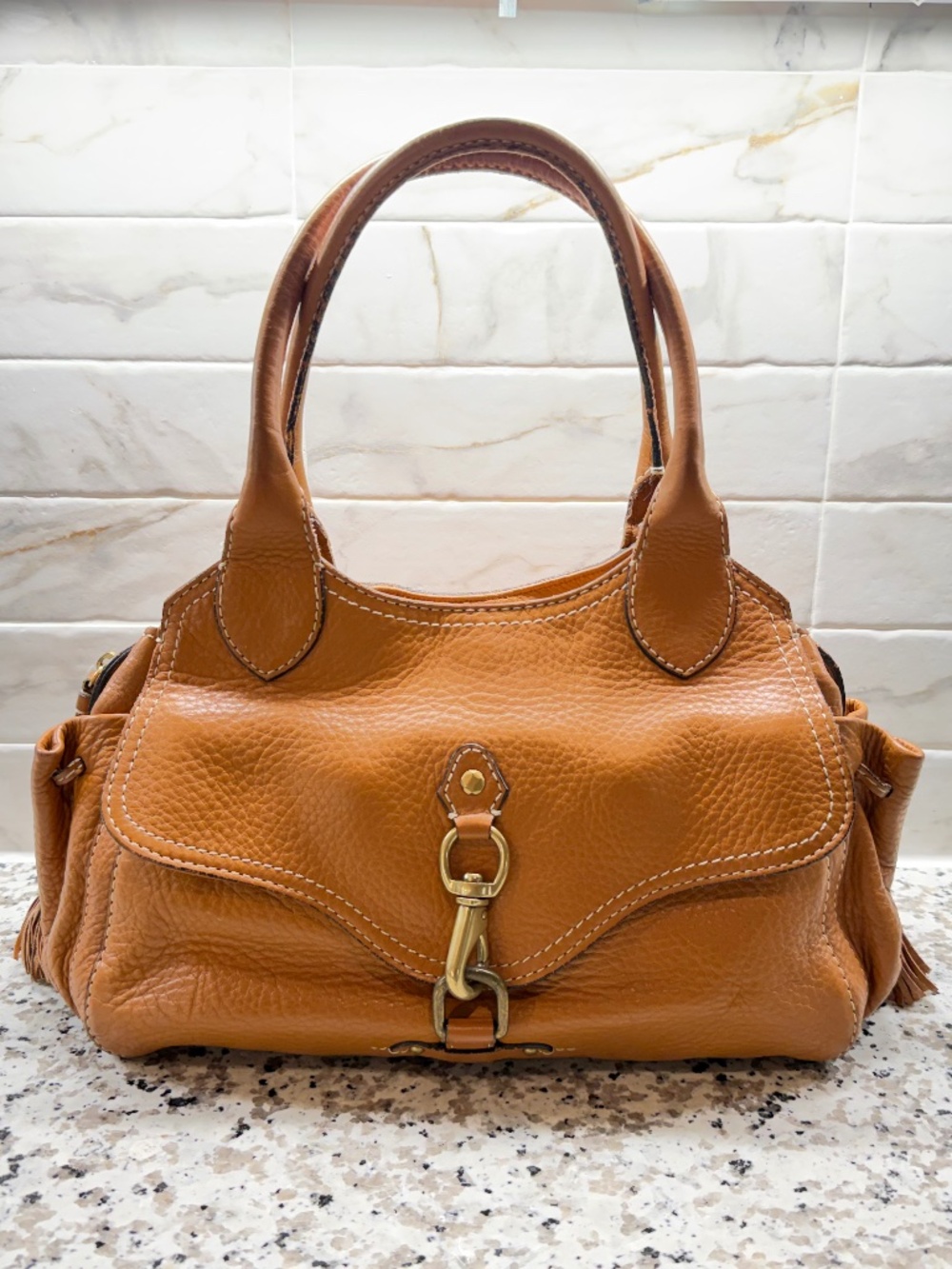 Cole Haan Village Era Caramel Cognac Bubbled Leather Top Handle Satchel